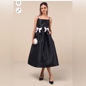 NWT Lulus Classy Aesthetic Black Taffeta Bow Midi Dress With Pockets